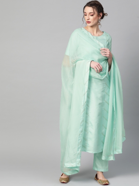 

Inddus Women Sea Green & Golden Embellished Kurta with Trousers & Dupatta