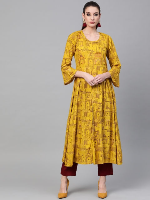 

Inddus Women Mustard Yellow & Burgundy Printed Kurta with Trousers