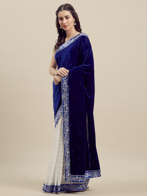 

Florence Blue & White Velvet Embroidered Saree