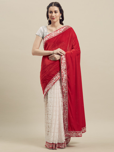 

Florence Red & White Velvet Embroidered Saree