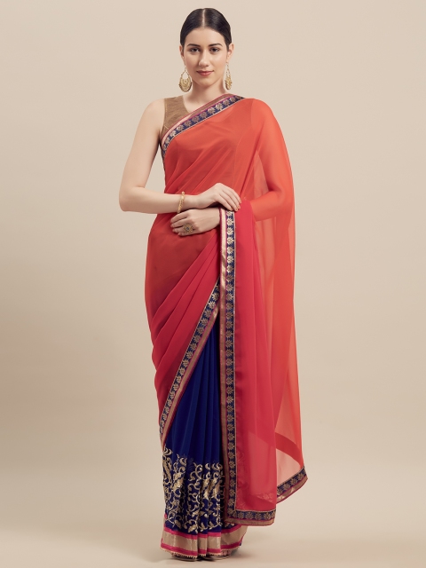 

Florence Red & Navy Blue Poly Georgette Embroidered Saree