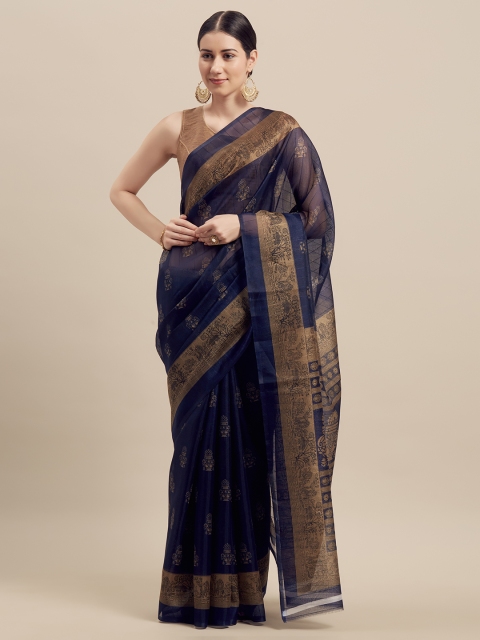 

Florence Navy Blue & Gold-Toned Art Silk Printed Saree