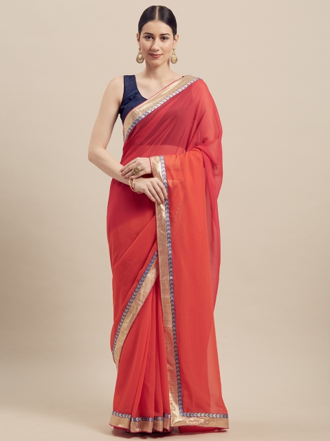 

Florence Orange & Gold-Toned Poly Georgette Dyed Saree