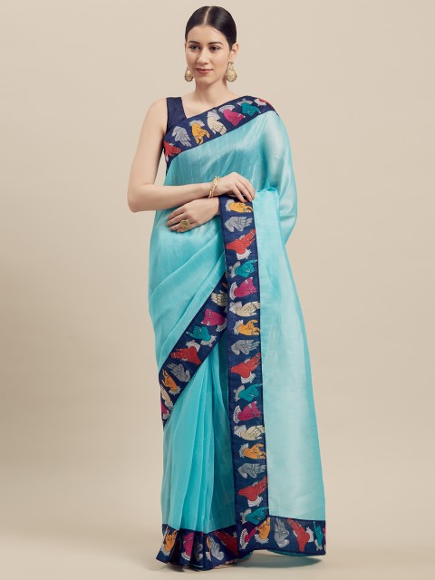 

Florence Turquoise Blue & Navy Blue Silk Blend Solid Bhagalpuri Saree
