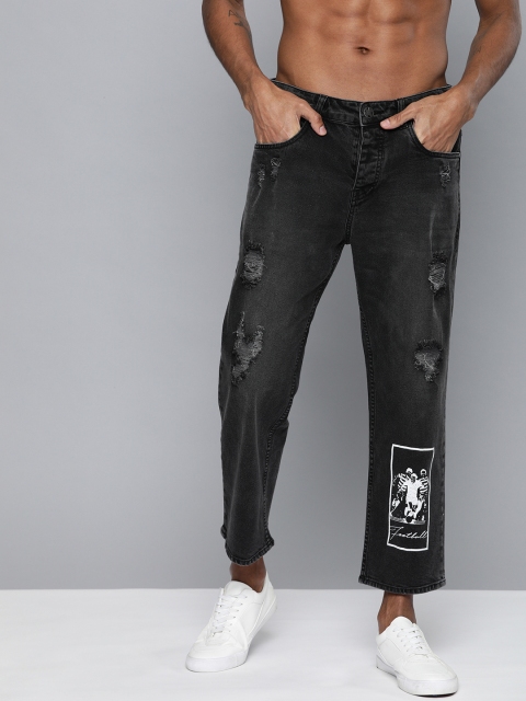 

Kook N Keech Men Black Regular Fit Mid-Rise Mildly Distressed Printed Cropped Jeans