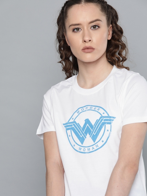 

Wonder Woman Women White & Blue Printed Round Neck T-shirt