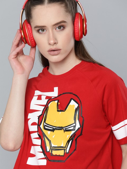 

Kook N Keech Marvel Women & White Red Iron Man Print Round Neck Cropped T-shirt