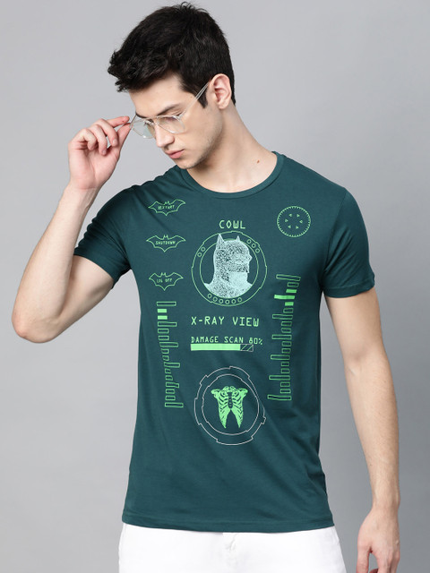 

Justice League Men Green Bat Man Printed Round Neck Pure Cotton T-shirt