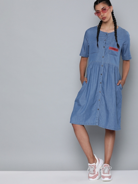 

Kook N Keech Marvel Women Blue Denim Shirt Dress With Printed Detailing