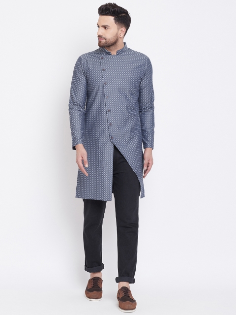 

Hypernation Men Blue & Grey Checked Straight Denim Kurta