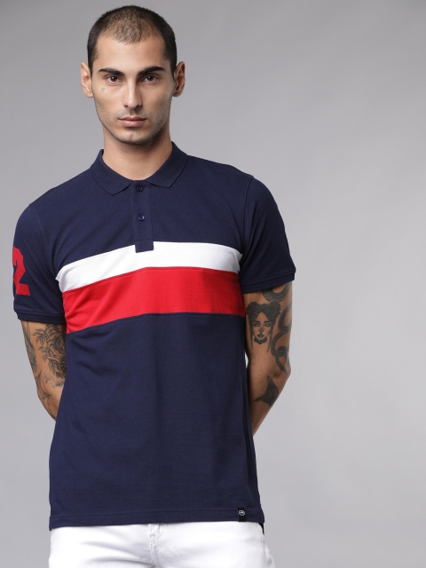 

Ecko Unltd Men Navy Blue Striped Polo Collar T-shirt