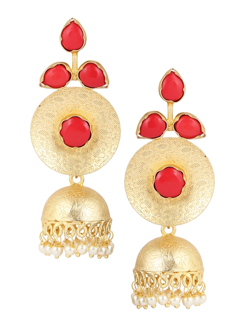 

Fabstreet Gold-Plated & Red Handcrafted Leaf Shaped Jhumkas