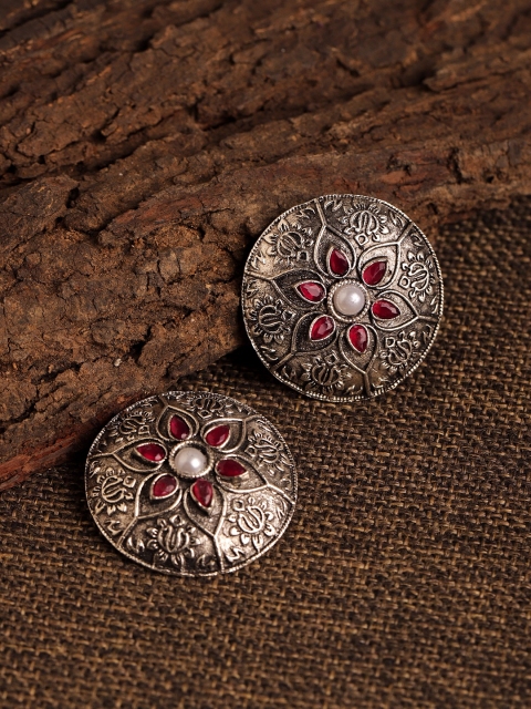 

Fabstreet Silver-Plated & Pink Oxidise Circular Studs