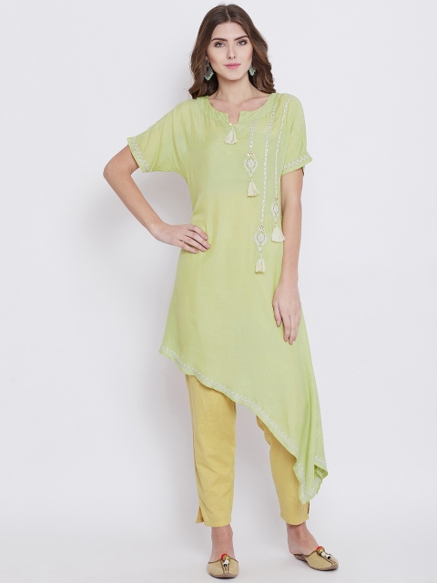 

The Kaftan Company Women Green Embroidered A-Line Asymmetric Kurta