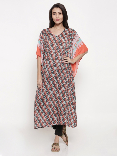 

The Kaftan Company Women Peach-Coloured & Green Printed Kaftan Kurta