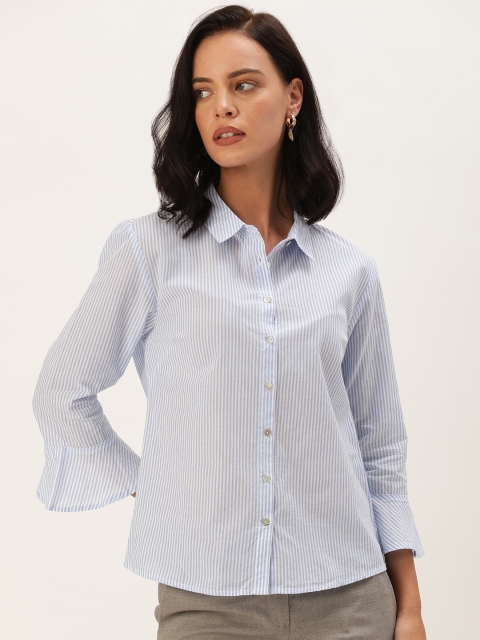 

her by invictus Women Blue & White Regular Fit Striped Bell Sleeve Formal Shirt