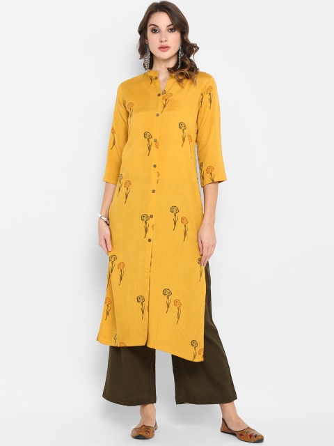 

Janasya Women Yellow & Brown Printed Kurta with Palazzos