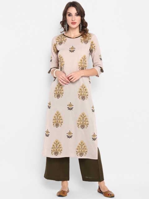 

Janasya Women Beige & Mustard Yellow Printed Kurta with Palazzos