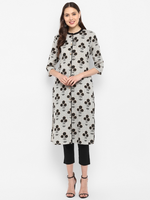 

Janasya Women Off-White & Black Printed Kurta with Trousers