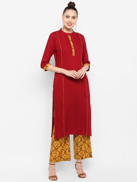 

Janasya Women Maroon & Mustard Yellow Solid Kurta with Palazzos