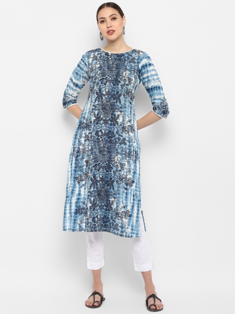 

Janasya Women Blue & White Printed Kurta with Trousers