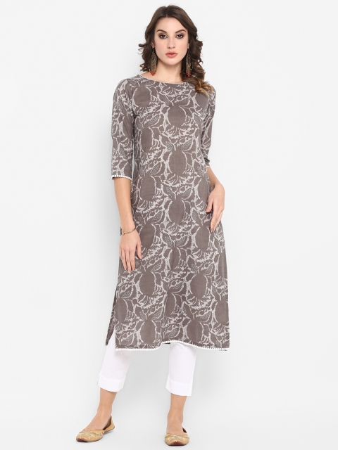 

Janasya Women Grey & White Printed Kurta with Trousers