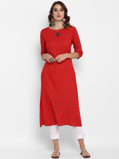 

Janasya Women Red & White Printed Kurta with Trousers