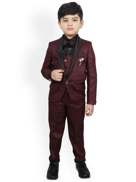 

SG YUVRAJ Boys Maroon & Black Self-Design Tuexdo Party Suit