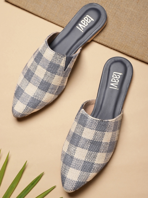

Taavi Women Navy Blue & Off-White Self-Checked Mules