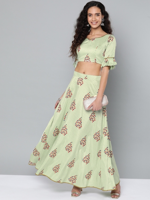 

STREET 9 Women Green & Navy Blue Printed Crop Top with Skirt