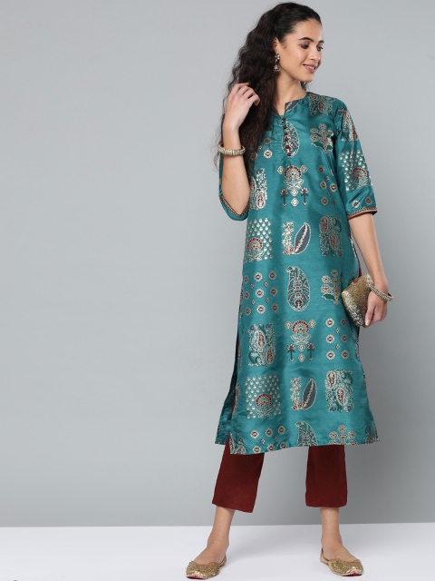 

STREET 9 Women Blue & Maroon Foil Print Kurta with Trousers