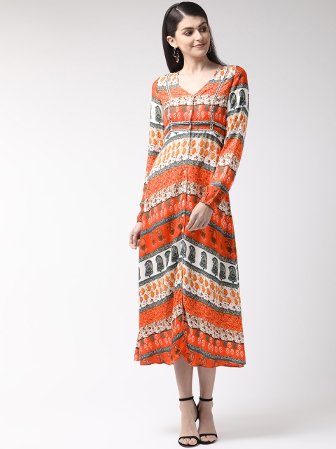 

MIWAY Women Orange & Off-White Printed Empire Dress