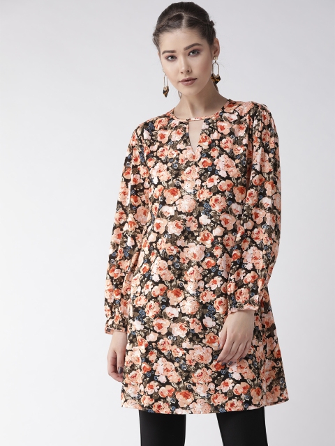

MIWAY Women Peach-Coloured & Olive Green Floral Print Longline A-Line Top