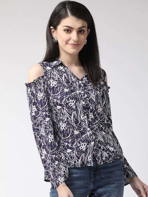 

MIWAY Women Navy Blue & White Regular Fit Printed Cold-Shoulder Casual Shirt