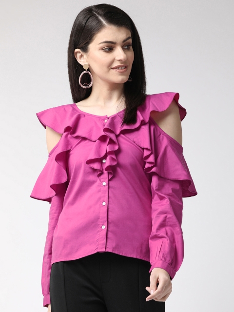 

MIWAY Women Pink Solid Cold-Shoulder Ruffled Top