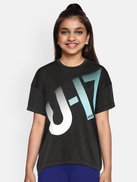 

Hrx By Hrithik Roshan Girls Black Printed Boxy Fit Rapid-Dry Lifestyle T-shirts