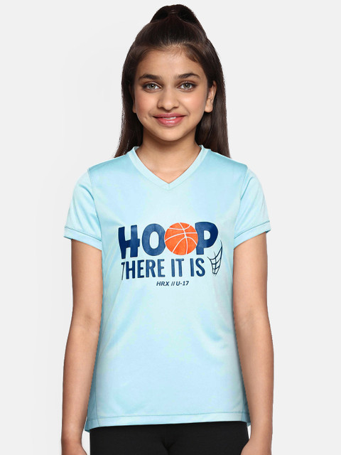 

Hrx By Hrithik Roshan Girls Crystal Blue Printed V-Neck Rapid-Dry Active T-shirts