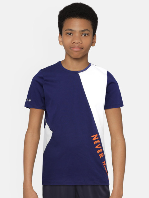 

Hrx By Hrithik Roshan Boys Medieval Blue Colourblocked Bio Wash Lifestyle Pure Cotton T-shirts, Navy blue