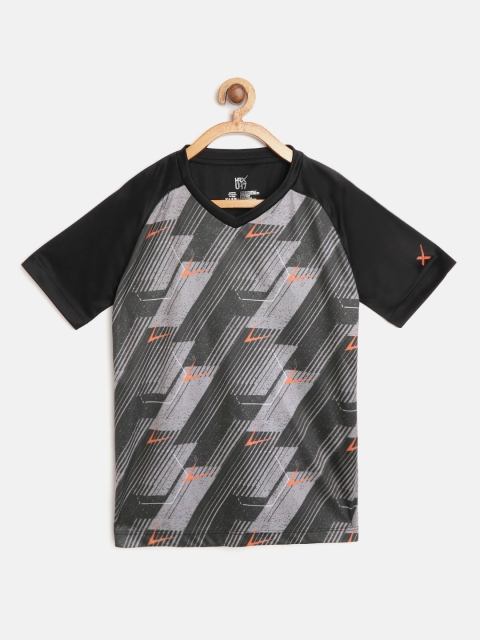 

Hrx By Hrithik Roshan Boys Grey & Black Printed V-Neck Rapid-Dry Lycra Active Tshirts