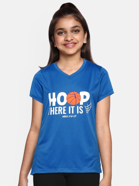 Hrx By Hrithik Roshan Girls Blue Printed V-Neck Rapid-Dry Active T-shirts