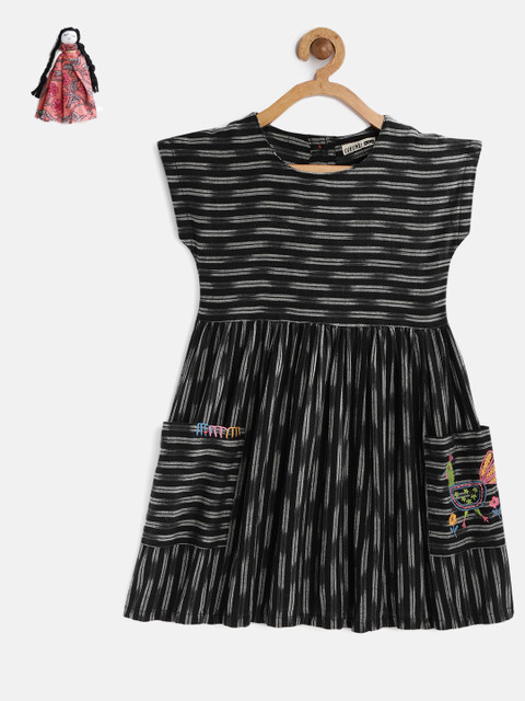 

KURUMBI Girls Black Striped Fit and Flare Sustainable Dress