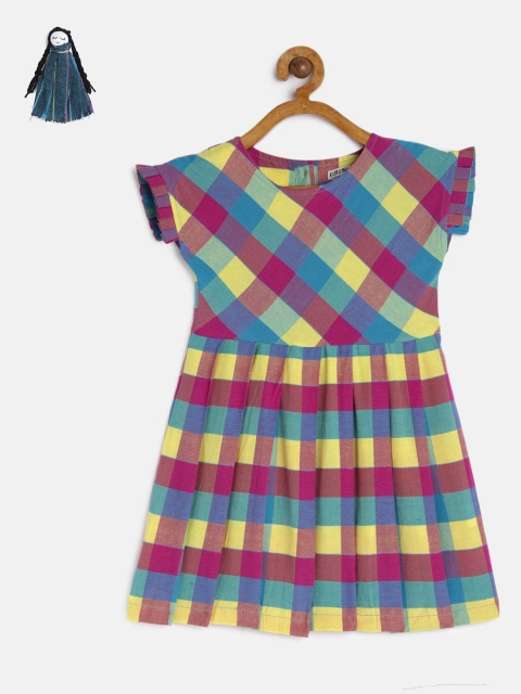 

KURUMBI Girls Multicoloured Checked Fit and Flare Sustainable Dress, Multi