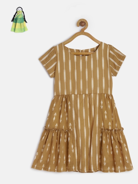 

KURUMBI Girls Khaki & Beige Striped Fit and Flare Sustainable Dress
