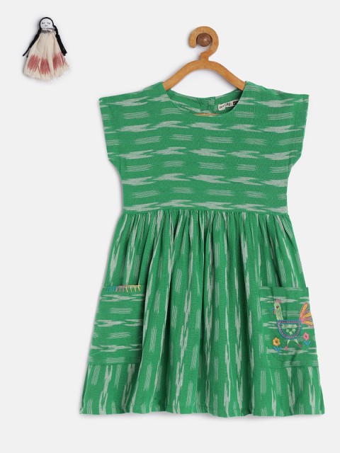 

KURUMBI Girls Green & Beige Fit and Flare Ikat Sustainable Dress