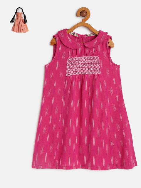 

KURUMBI Girls Fuchsia Self Design A-Line Ikat Sustainable Dress With Handmade Rag Doll