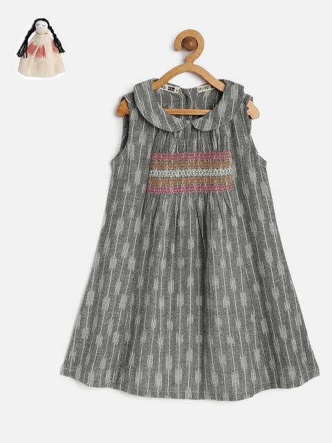 

KURUMBI Girls Grey Self Design A-Line Ikat Sustainable Dress With Handmade Rag Doll