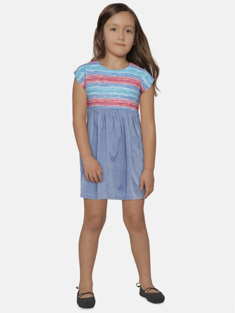 

KURUMBI Girls Blue Striped Fit and Flare Sustainable Dress