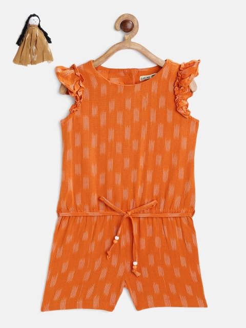 

KURUMBI Girls Orange & White Striped Ikat Sustainable Playsuit