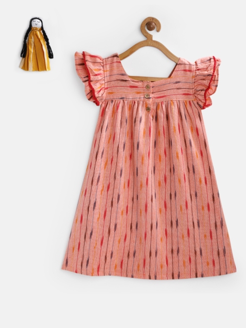 

KURUMBI Girls Peach-Coloured Striped Empire Ikat Sustainable Dress