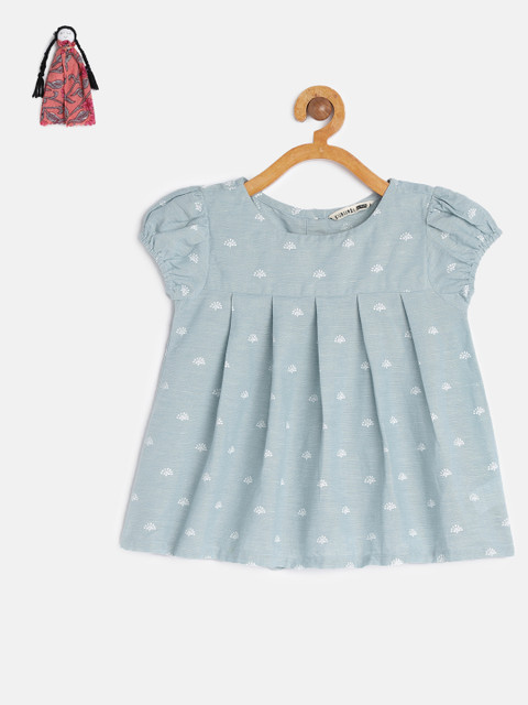 

KURUMBI Girls Teal Blue Printed Empire Top